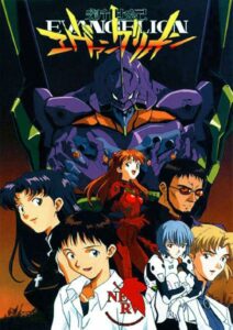 L'EVA-01 en arrière-plan, avec Shinji, Asuka, Rei et trois autres personnages de Neon Genesis Evangelion.